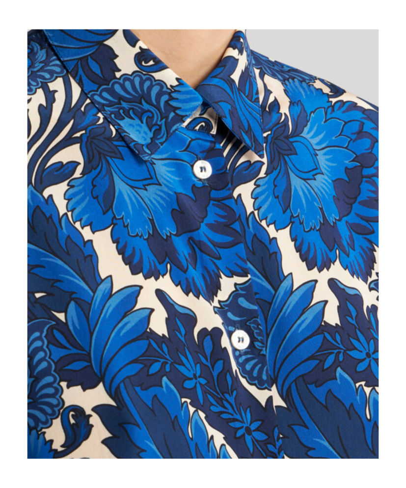 Shop Etro Silk Shirt With Maxi Floral Print In Blue