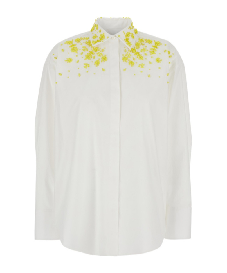 Msgm White Shirt With Classic Collar And Front Embellishment In White