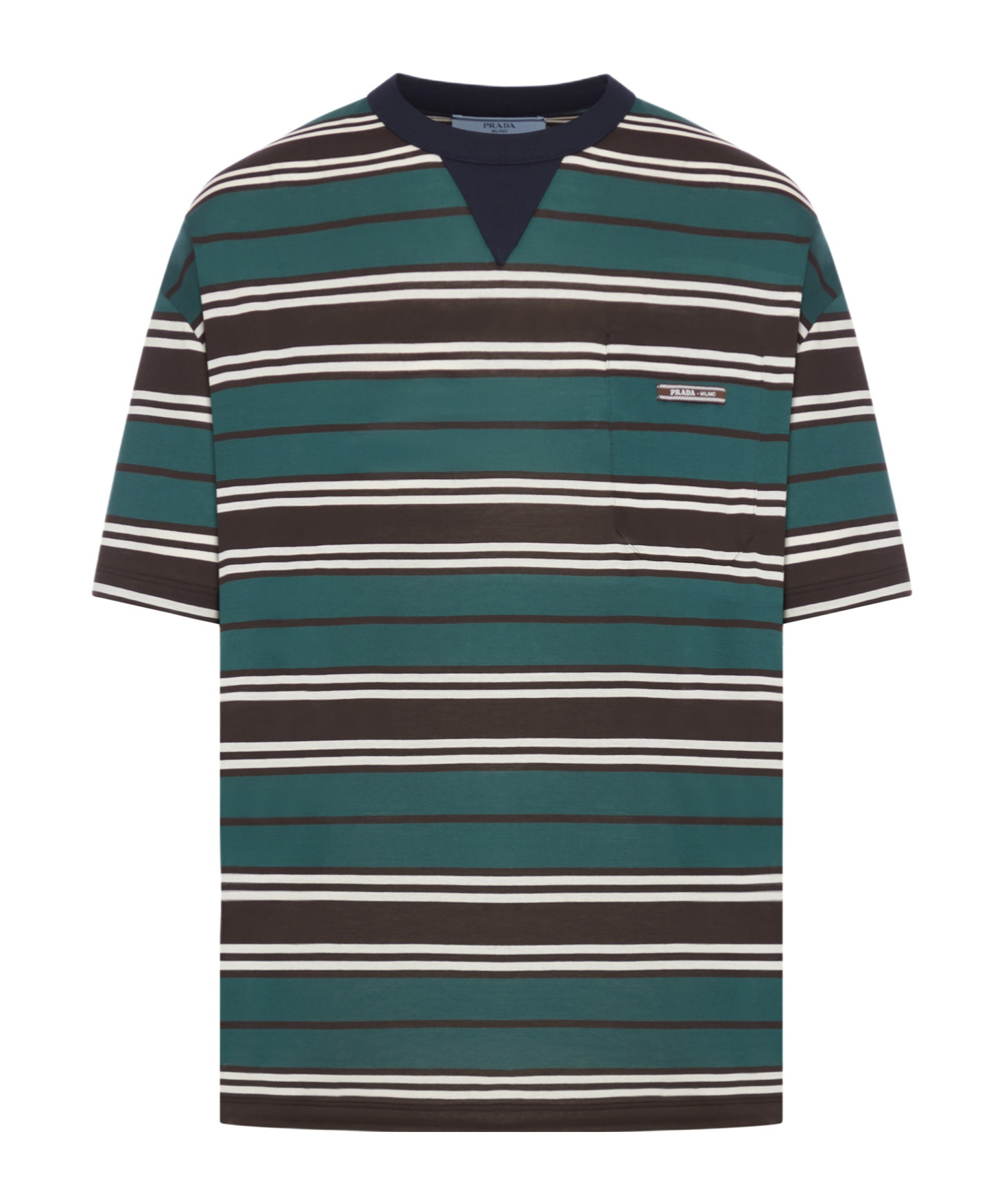 PRADA PRADA LOGO PATCH STRIPED CREWNECK T-SHIRT