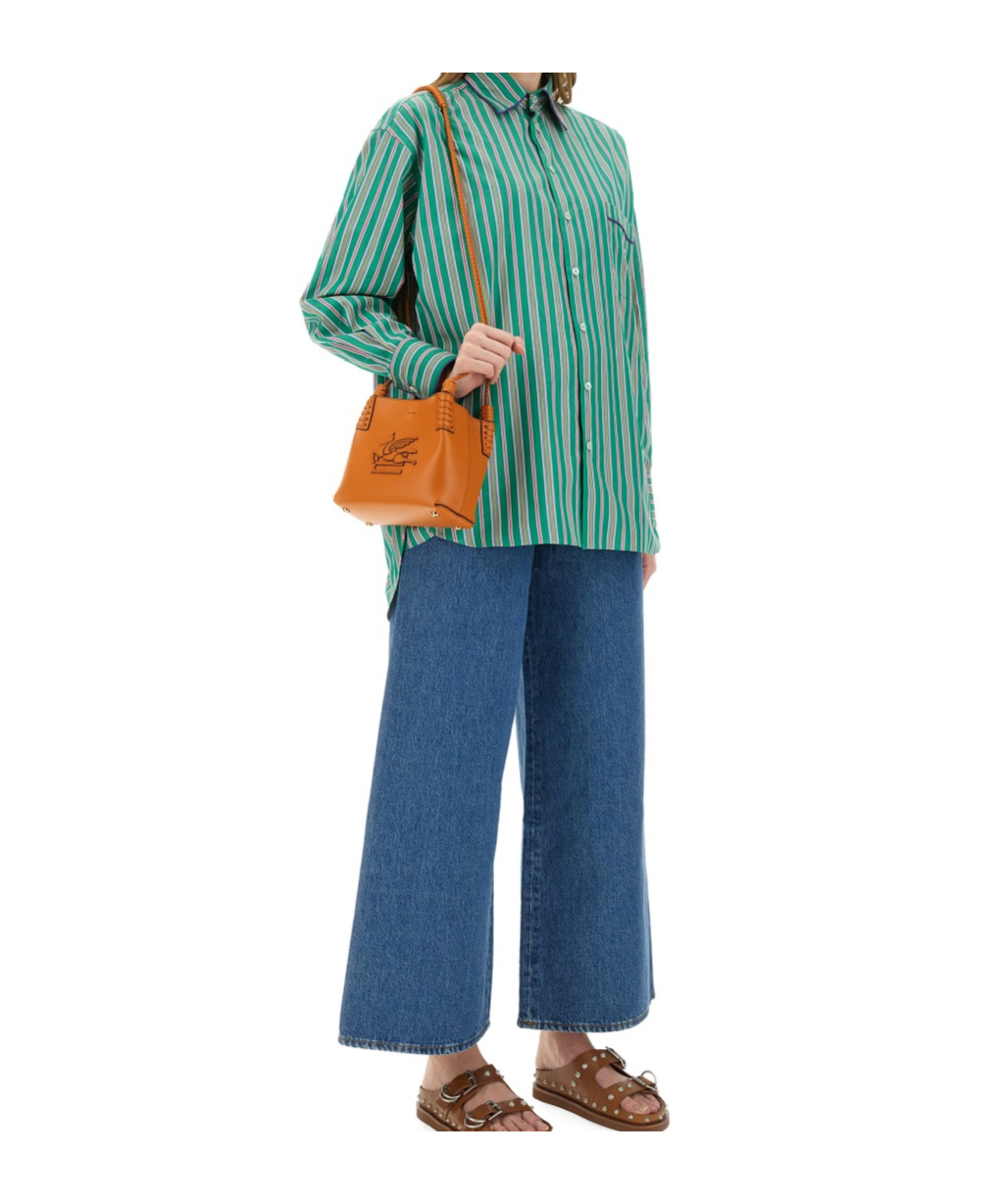 Etro Pocketed Collared Striped Long Sleeve Top In Green