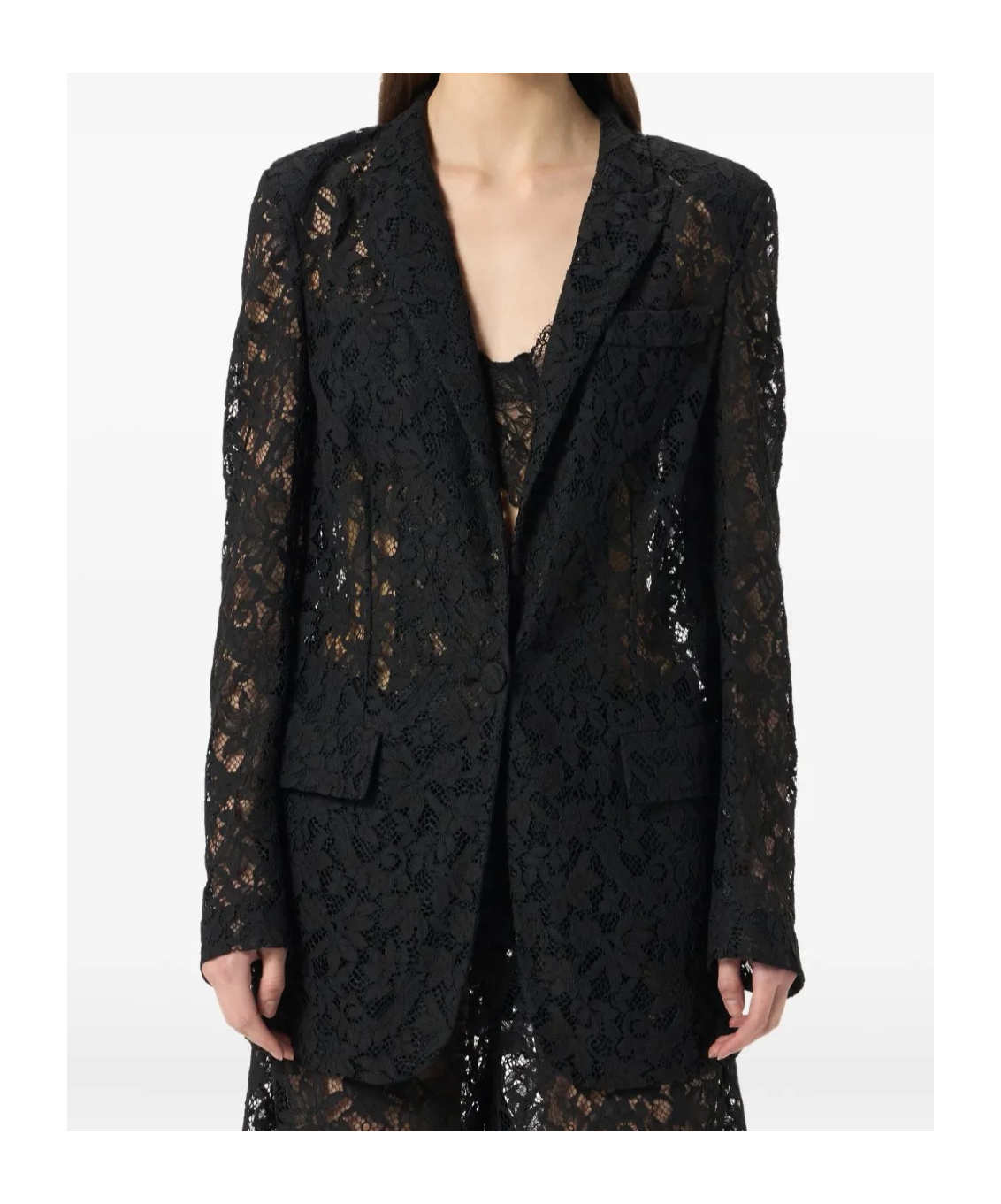 Blumarine Single-breasted Floral Lace Tailored Blazer In Black