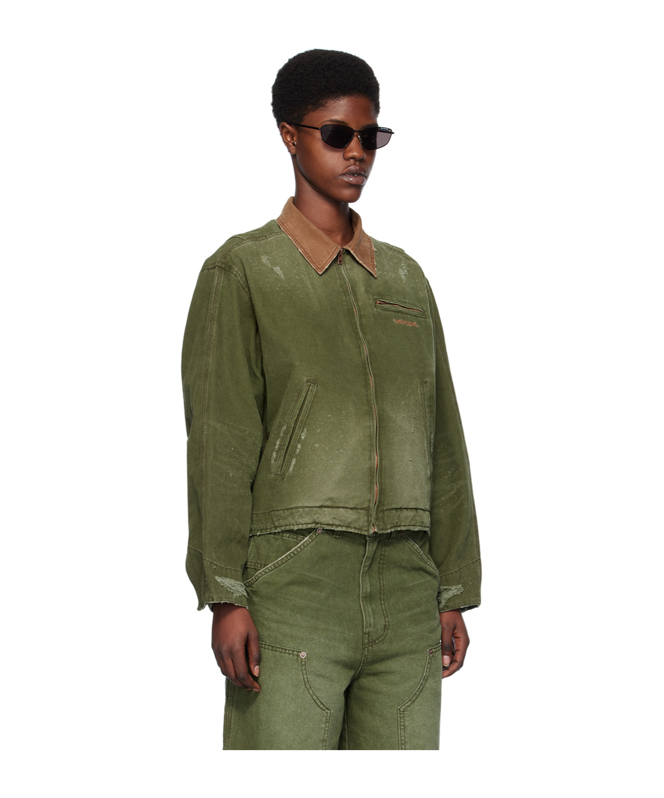 We11 Done Logo Zipper Denim Coat In Green