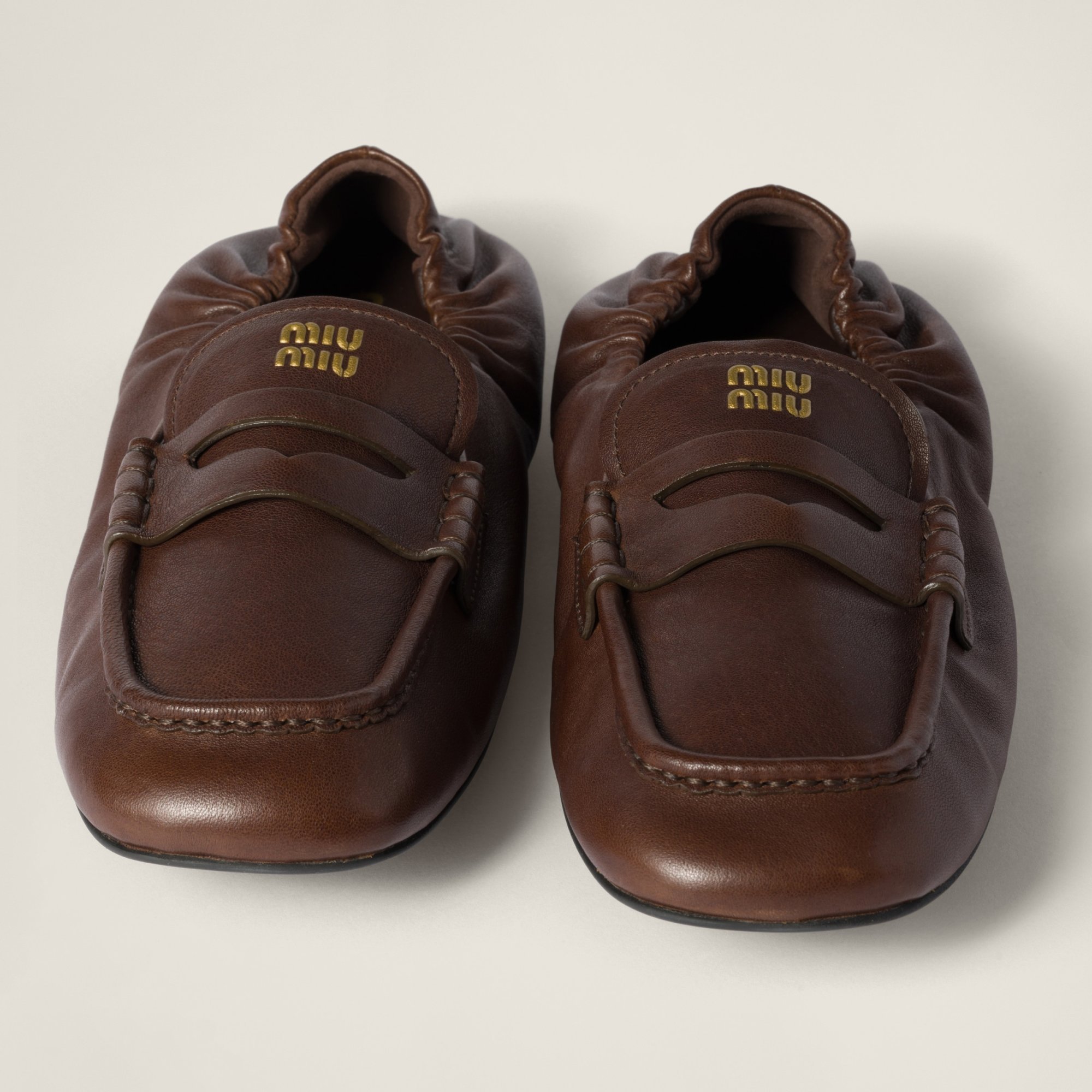Miu Miu Women Ruches Leather Loafers With Lettering Logo In Multi