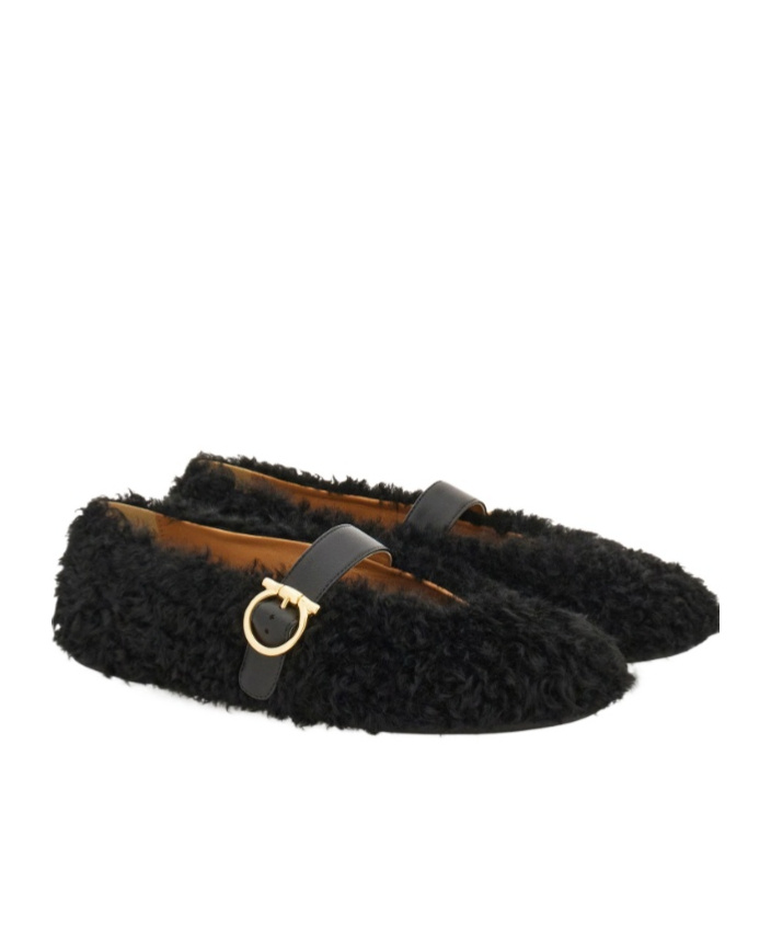 Ferragamo Shearling Ballet Flat In Black