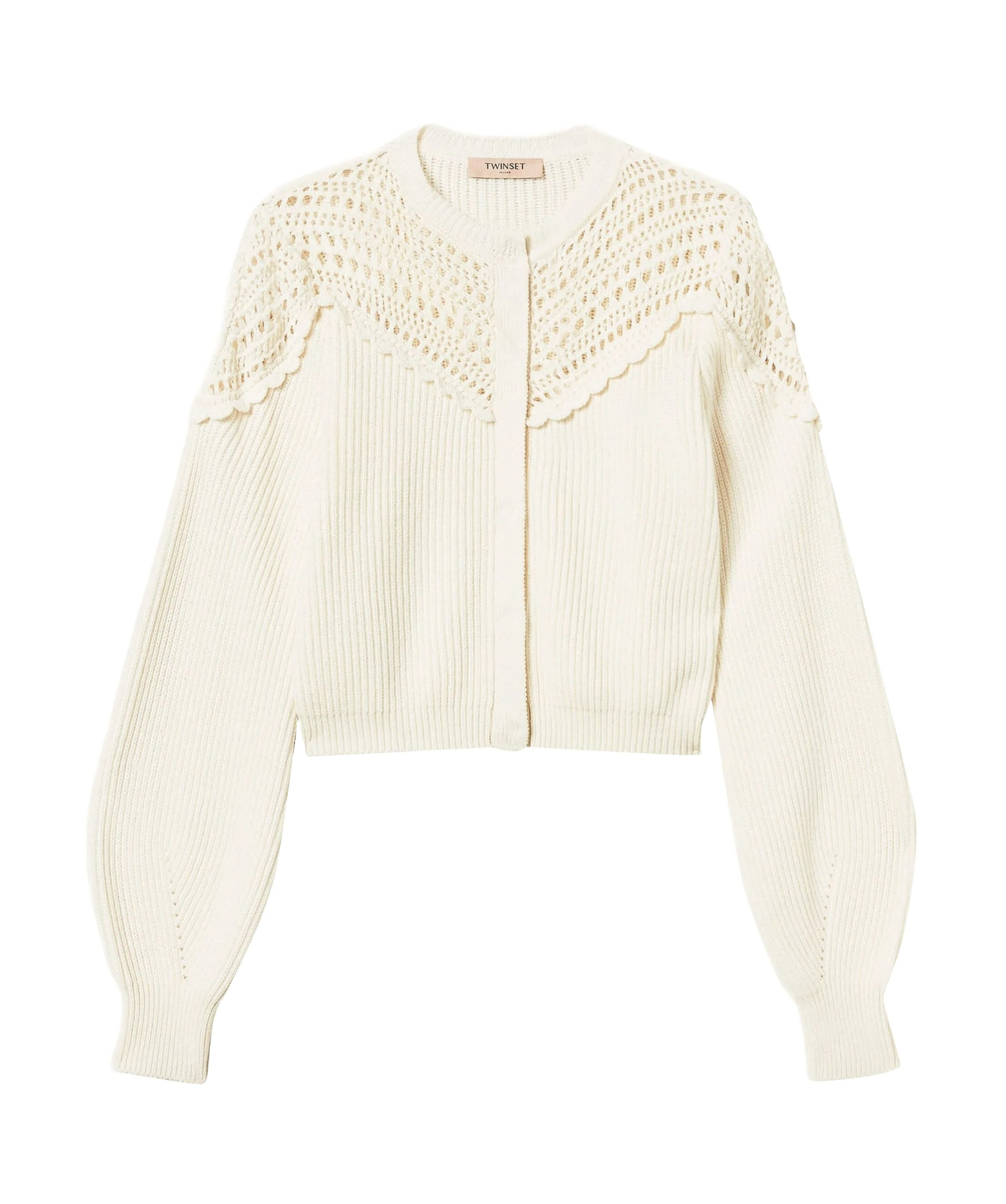 Twinset Crochet-detail Ribbed Cardigan In Neutral