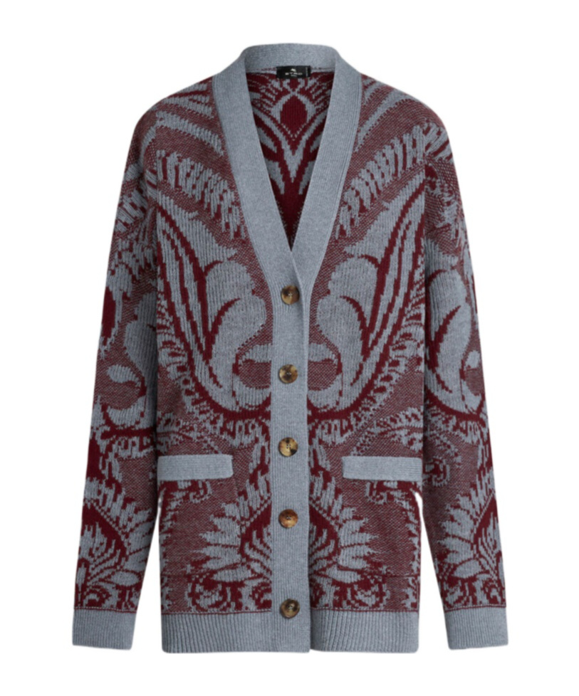 Shop Etro Jacquard Cardigan In Gray