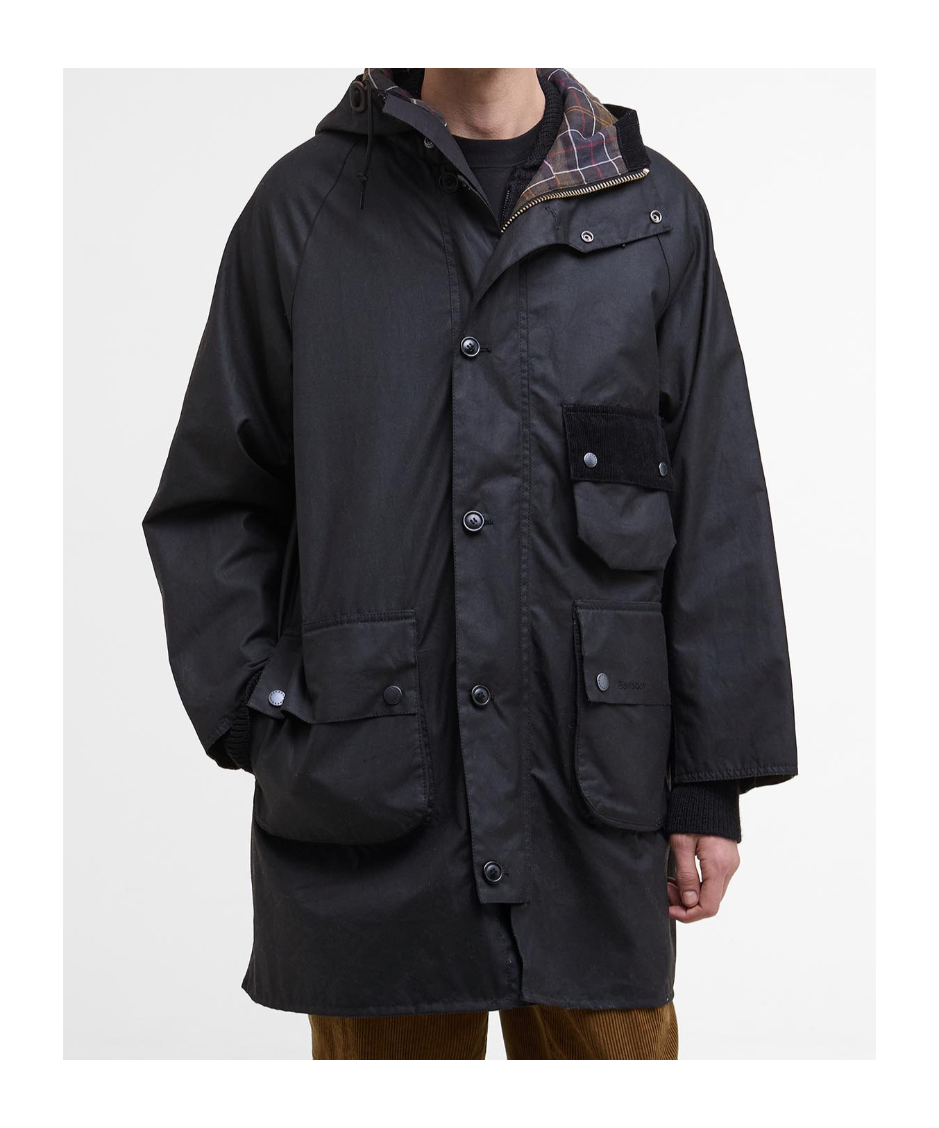 Barbour Long Hooded Jacket Flap Pockets In Black