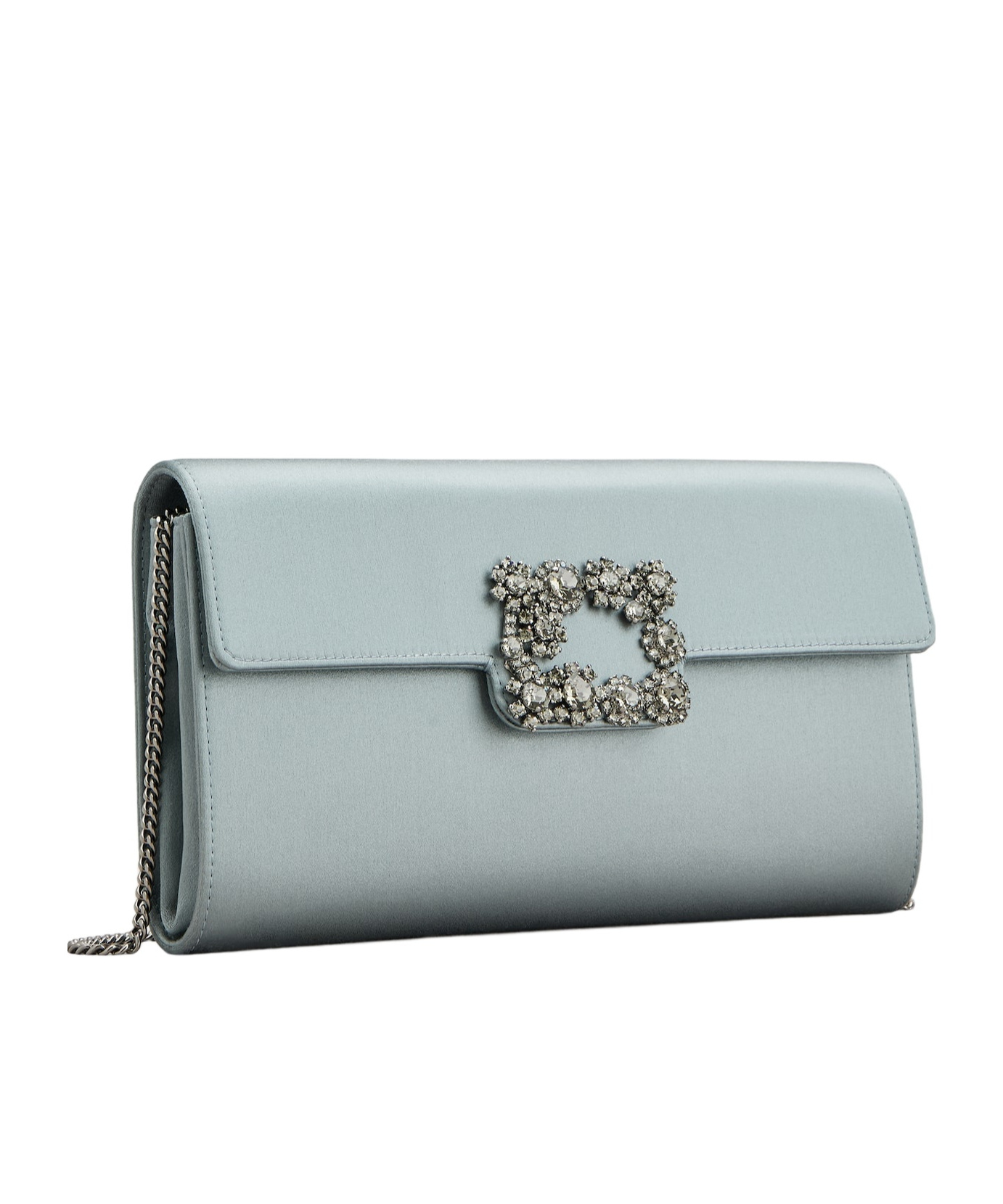 Roger Vivier Flower Buckle Envelope Flap Satin Clutch Bag In Gray