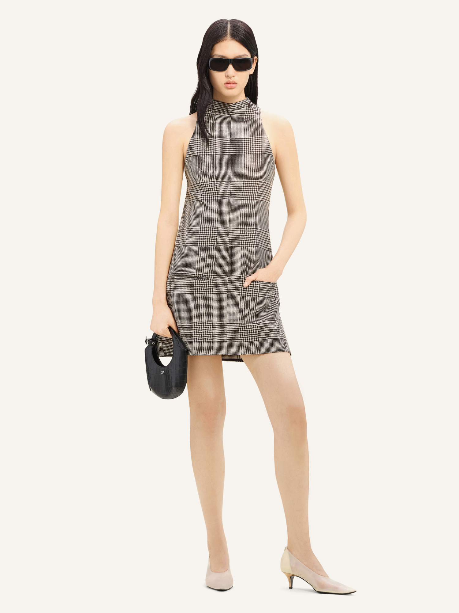 Courrèges Sleeveless High Neckline Checkered A-line Dress In Gray