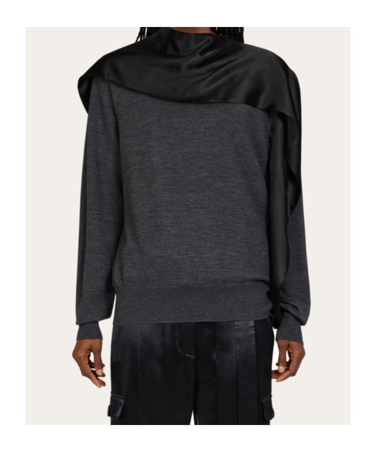Ferragamo Satin Scarf Wool Sweater In Blue