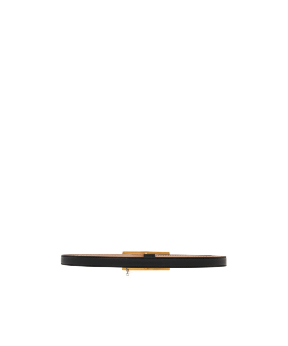 Alessandra Rich Slim Black Leather Belt With Logo Charm And Brass Buckle 1.5 Cm In Black
