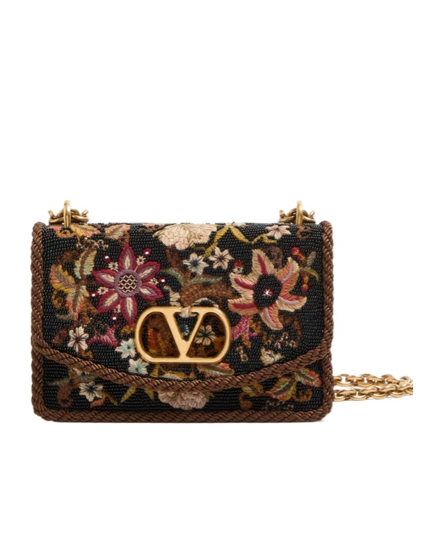 Valentino Vain Embroidered Foldover Top Shoulder Bag In Brown