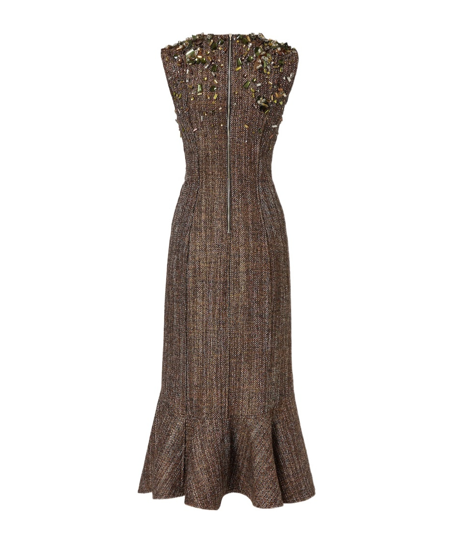 Fendi Embellished Wool-blend Tweed Midi Dress In Brown