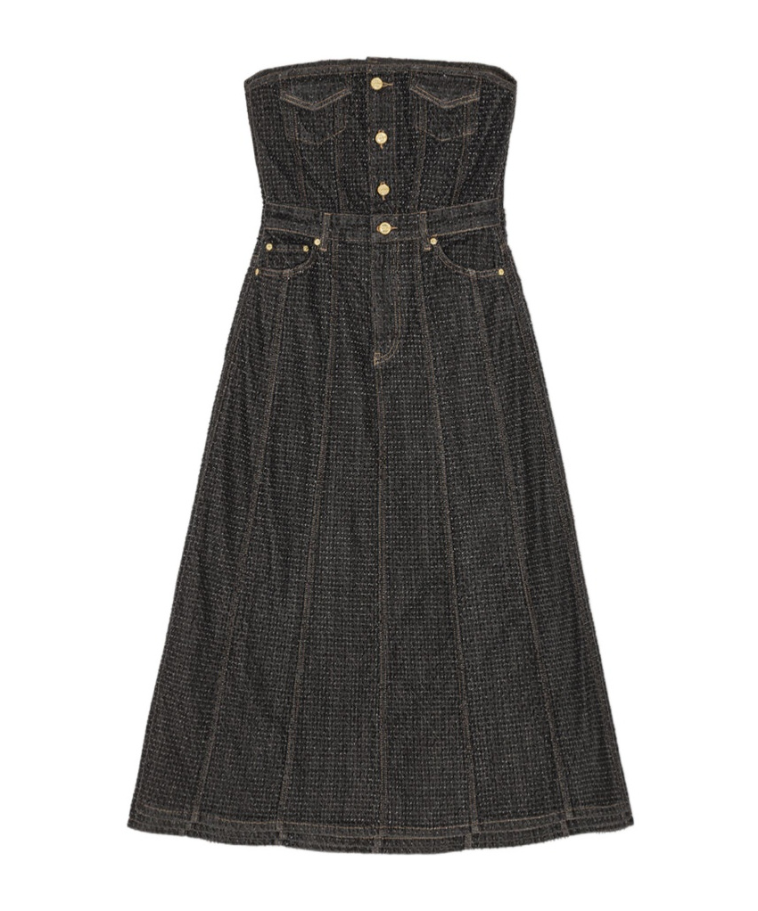 Ganni Black Fluffy Denim Corsage Maxi Dress In Black
