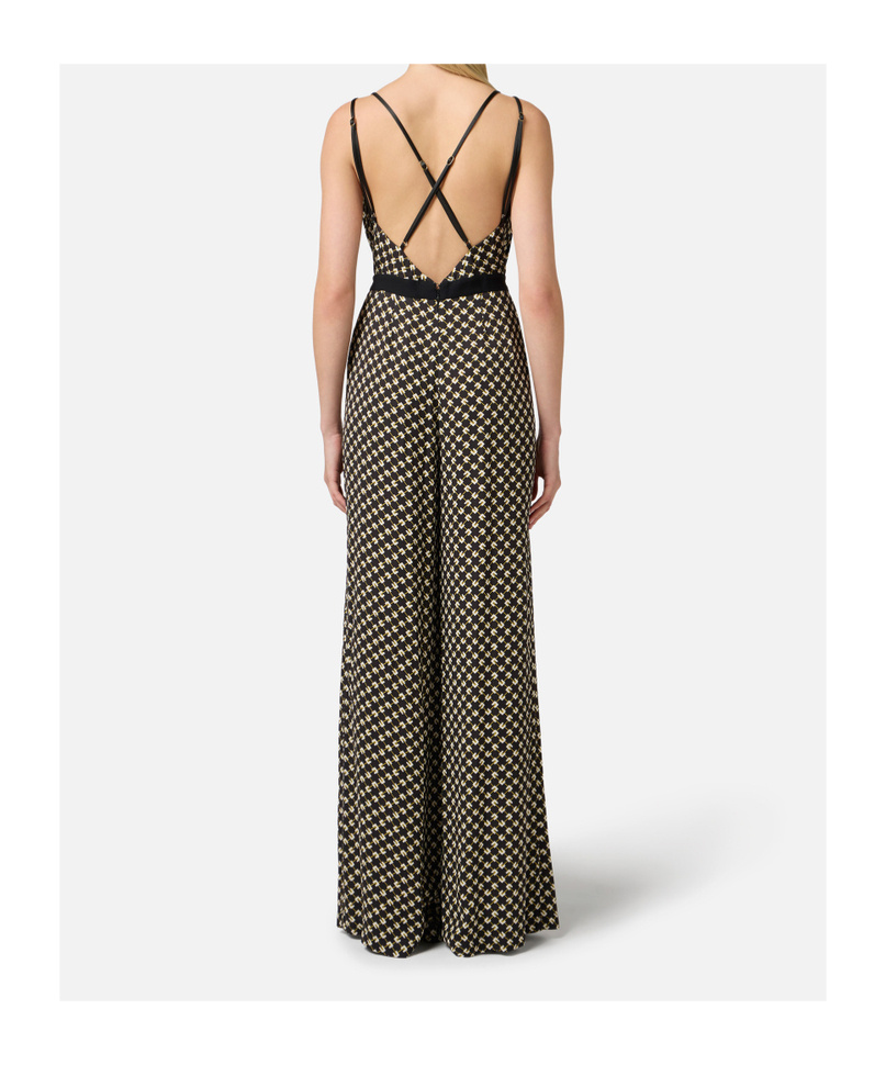 Elisabetta Franchi Black Diamond Print Georgette Jumpsuit In Black