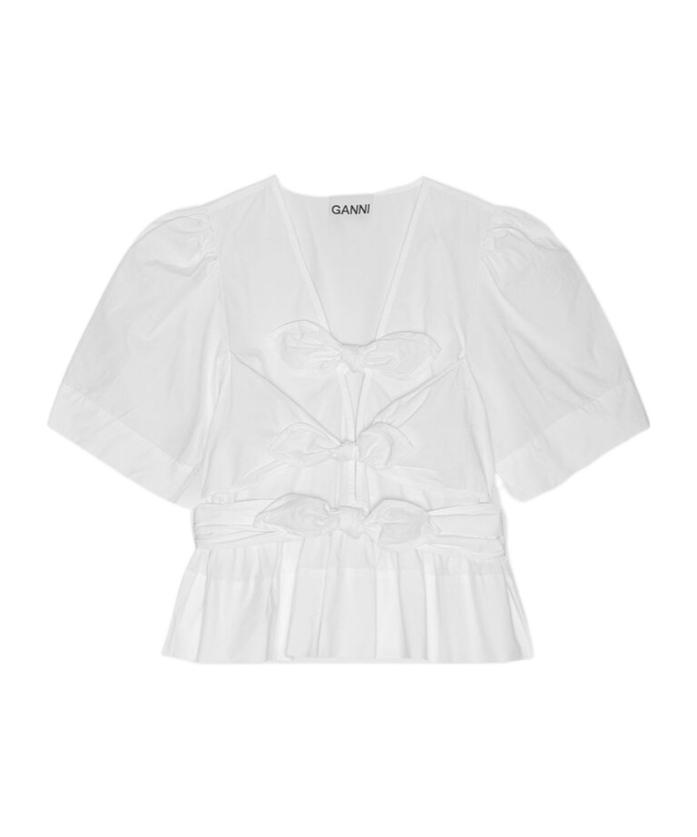 Ganni Belted Tie-detailed Gathered Cotton-blend Poplin Blouse In White
