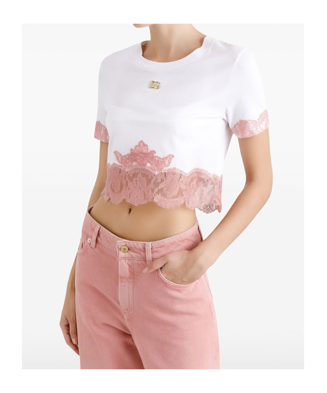 Dolce & Gabbana Cropped Jersey T-shirt With Dg Logo And Lace Inserts In White