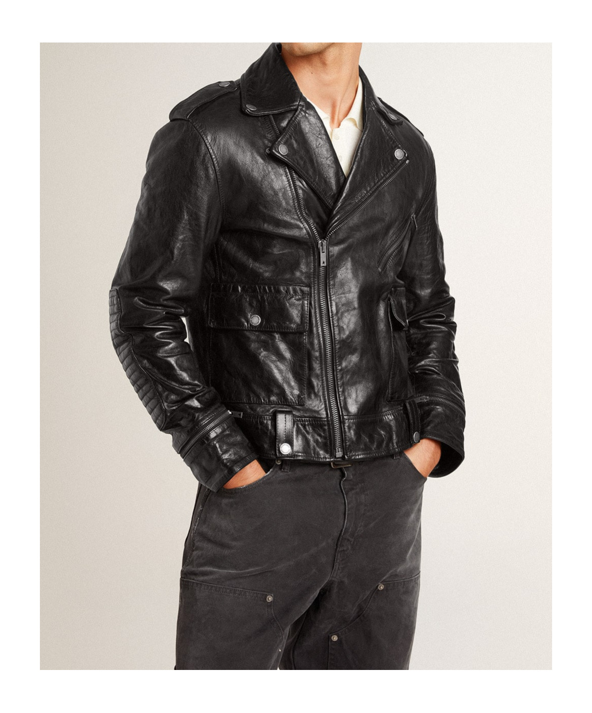 Golden Goose Long-sleeved Leather Jacket In Black