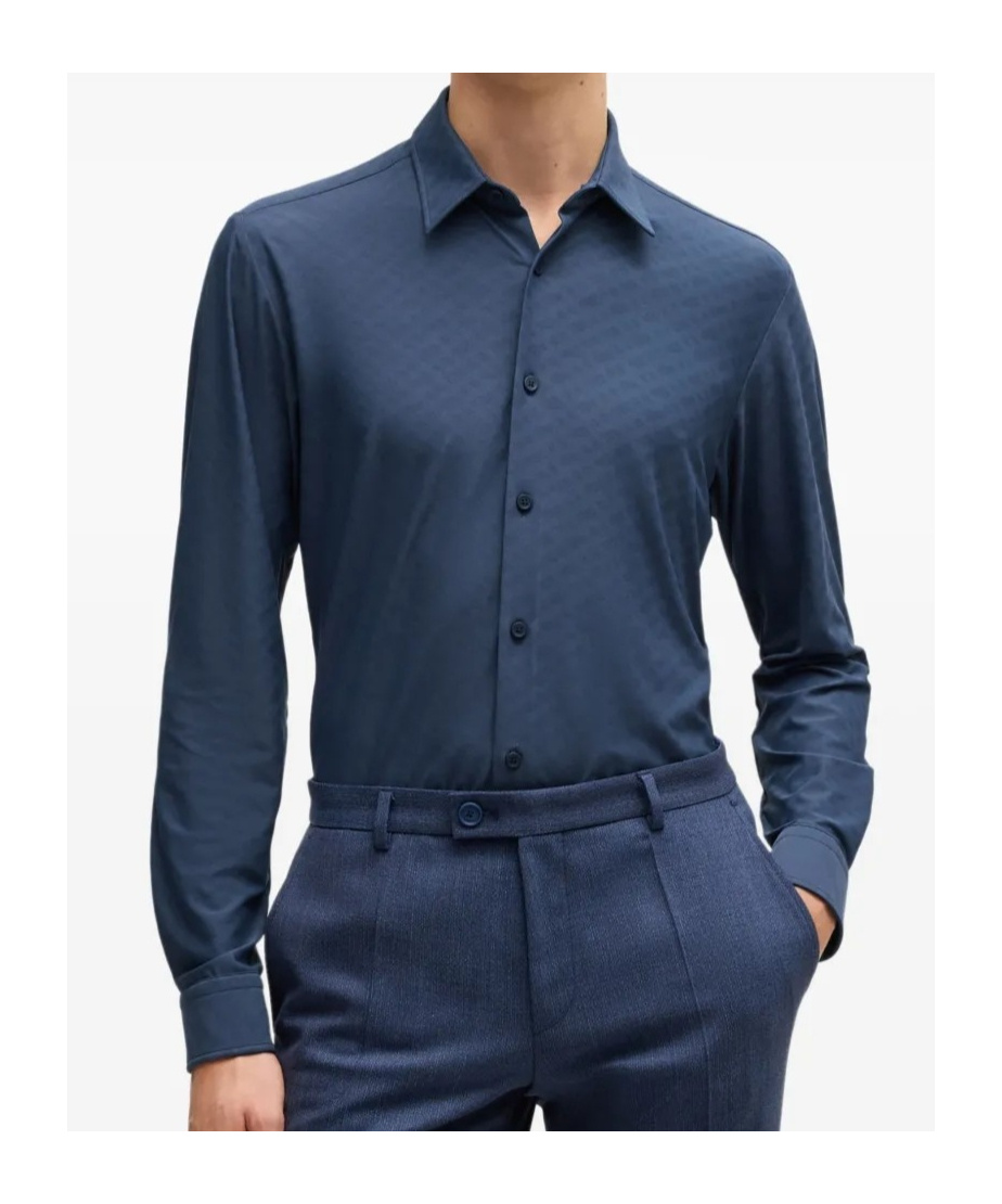 Hugo Boss Slim-fit Shirt In Performance-stretch Monogram Jacquard In Blue