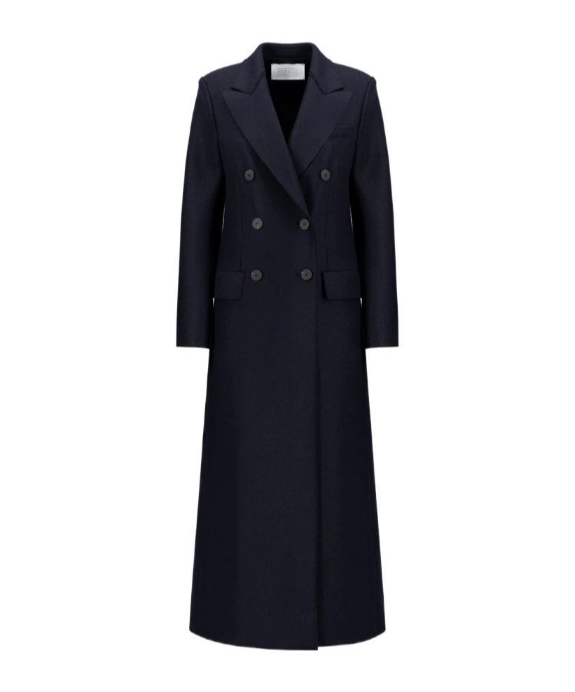 Harris Wharf London Women Long Double Breasted Tailored Coat Pressed Wool Navy Blue In Blue
