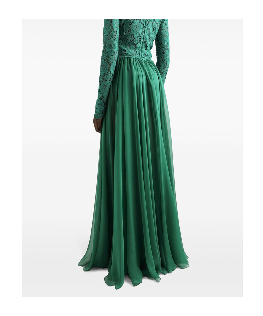 Dolce & Gabbana Silk-blend Lace And Pleated Chiffon Gown In Green