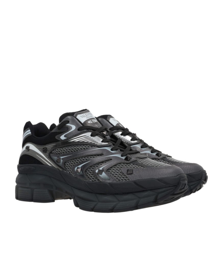Valentino Garavani Leather Sneakers With Textured Rubber Elements In Black