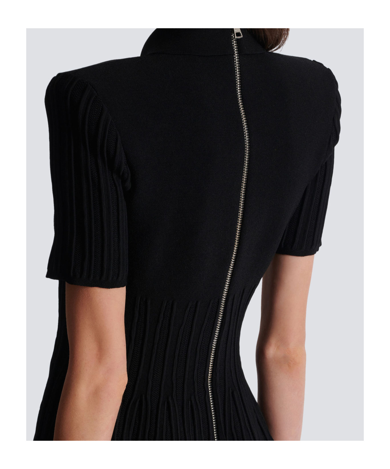 Balmain Short-sleeve Button-front Ribbed Knit Mini Shirtdress In Black