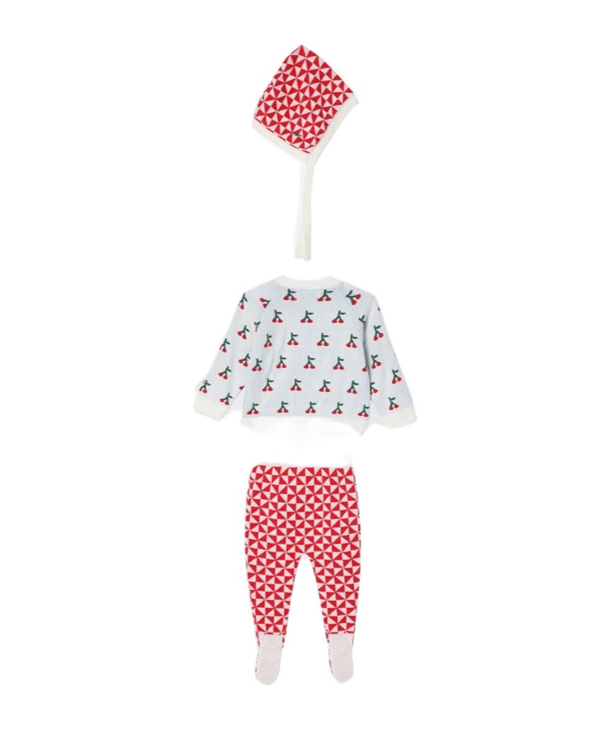 Bobo Choses Cherry Pattern Sweater, Elastic Waist Pants, Hat In White