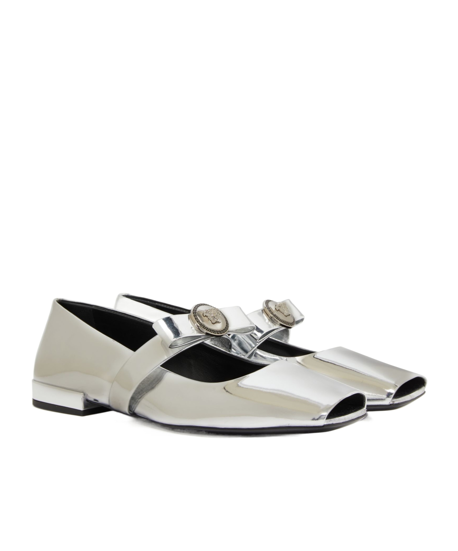 Versace Gianni Ribbon Open-toed Ballet Shoes In Silver