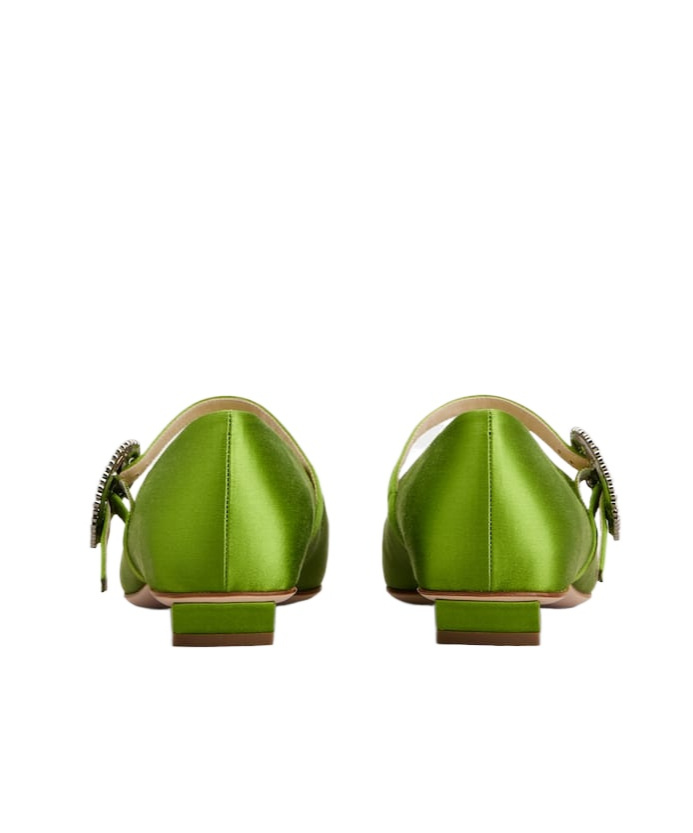 Roger Vivier Crystal Buckle Pointed Toe Satin Strap Shoes In Green