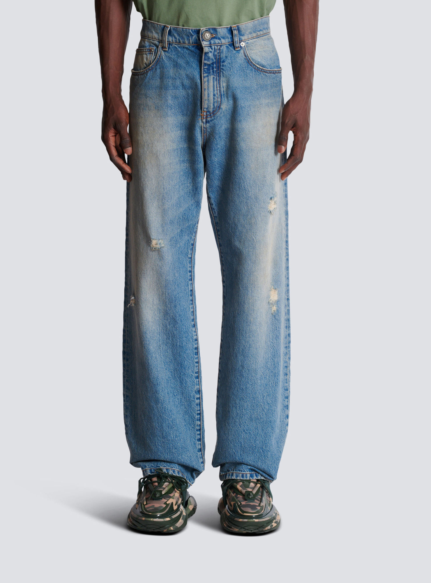 Balmain Distressed And Ripped Blue Jeans In Gray