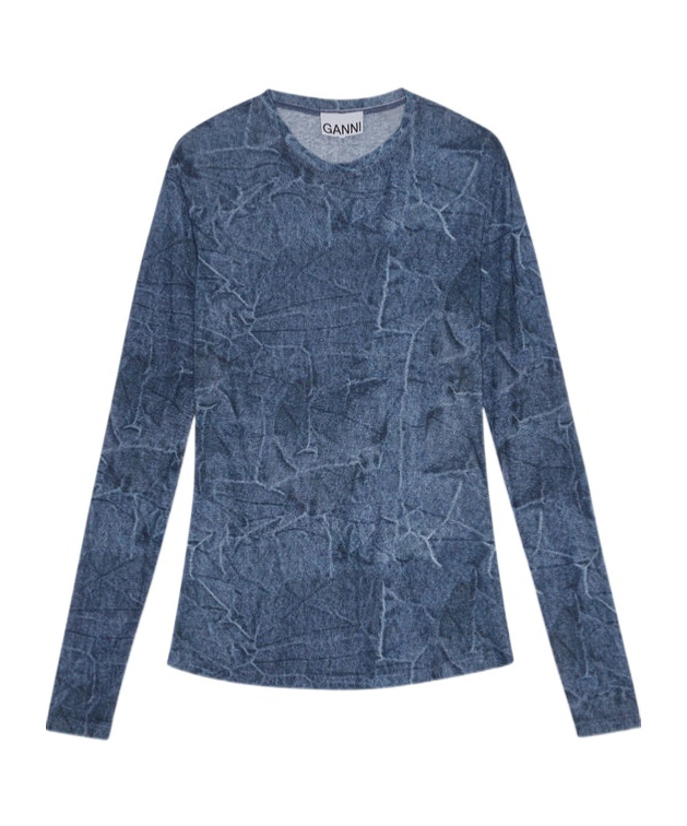Ganni Marl Mesh Long Sleeve Crew Neck Blouse In Denim In Blue
