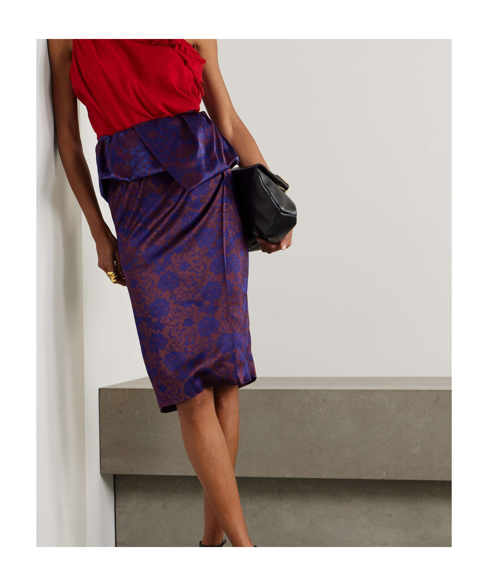 Dries Van Noten Santi Archive Floral Jacquard Satin Peplum Skirt In Red