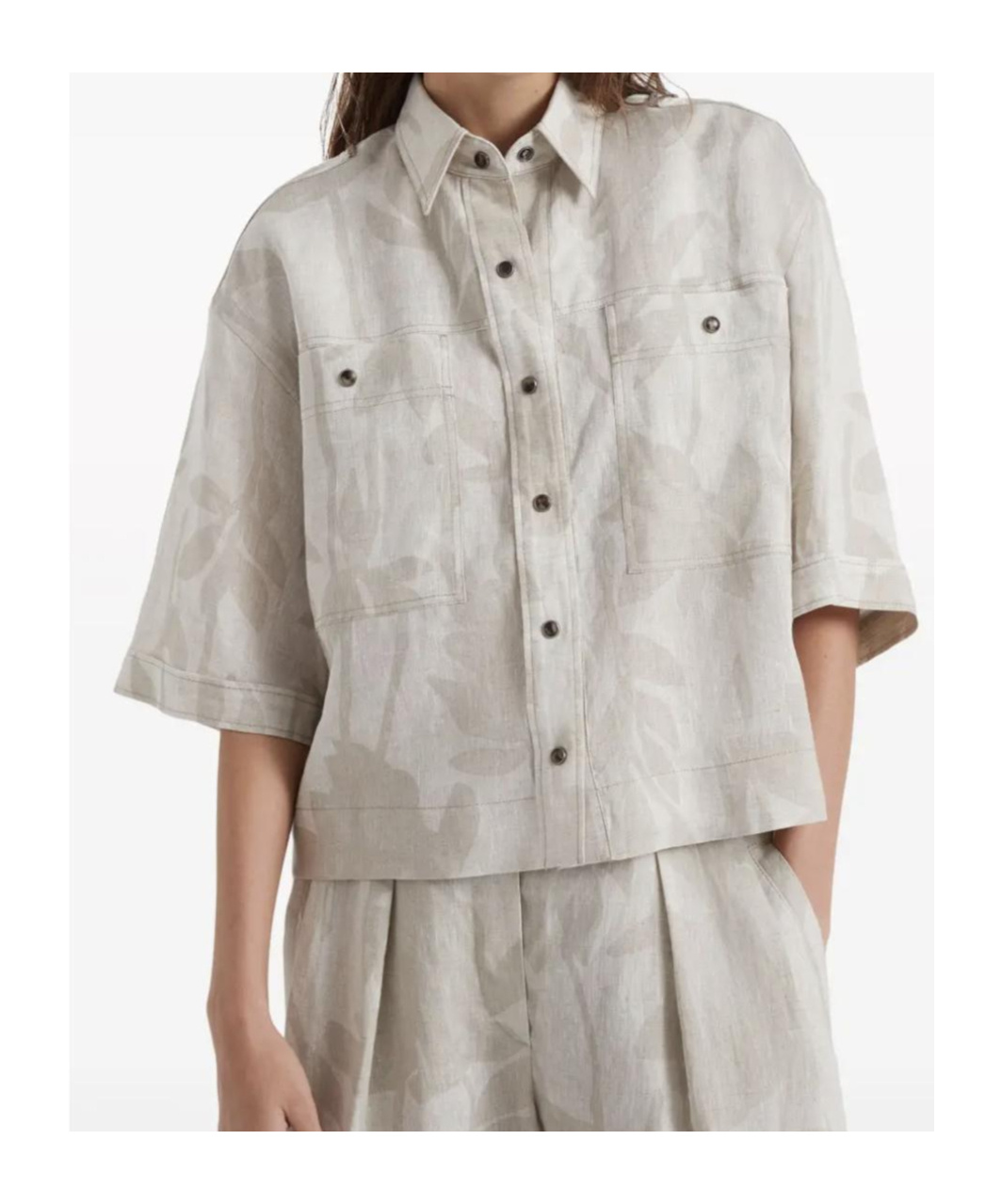 Brunello Cucinelli Floral-print Linen Shirt In Neutral