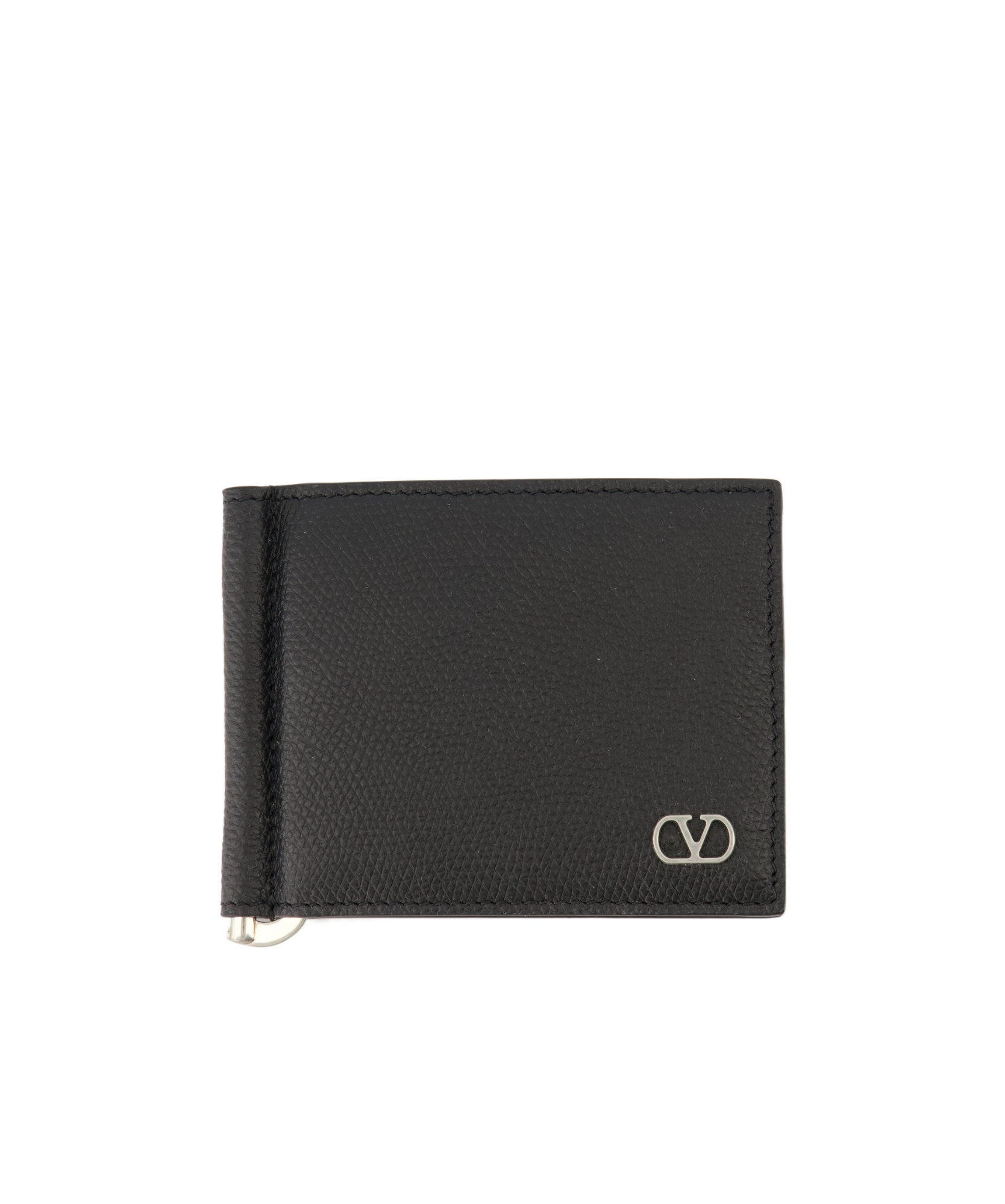 Valentino Vlogo Bi-fold Leather Wallet With Money Clip In Black