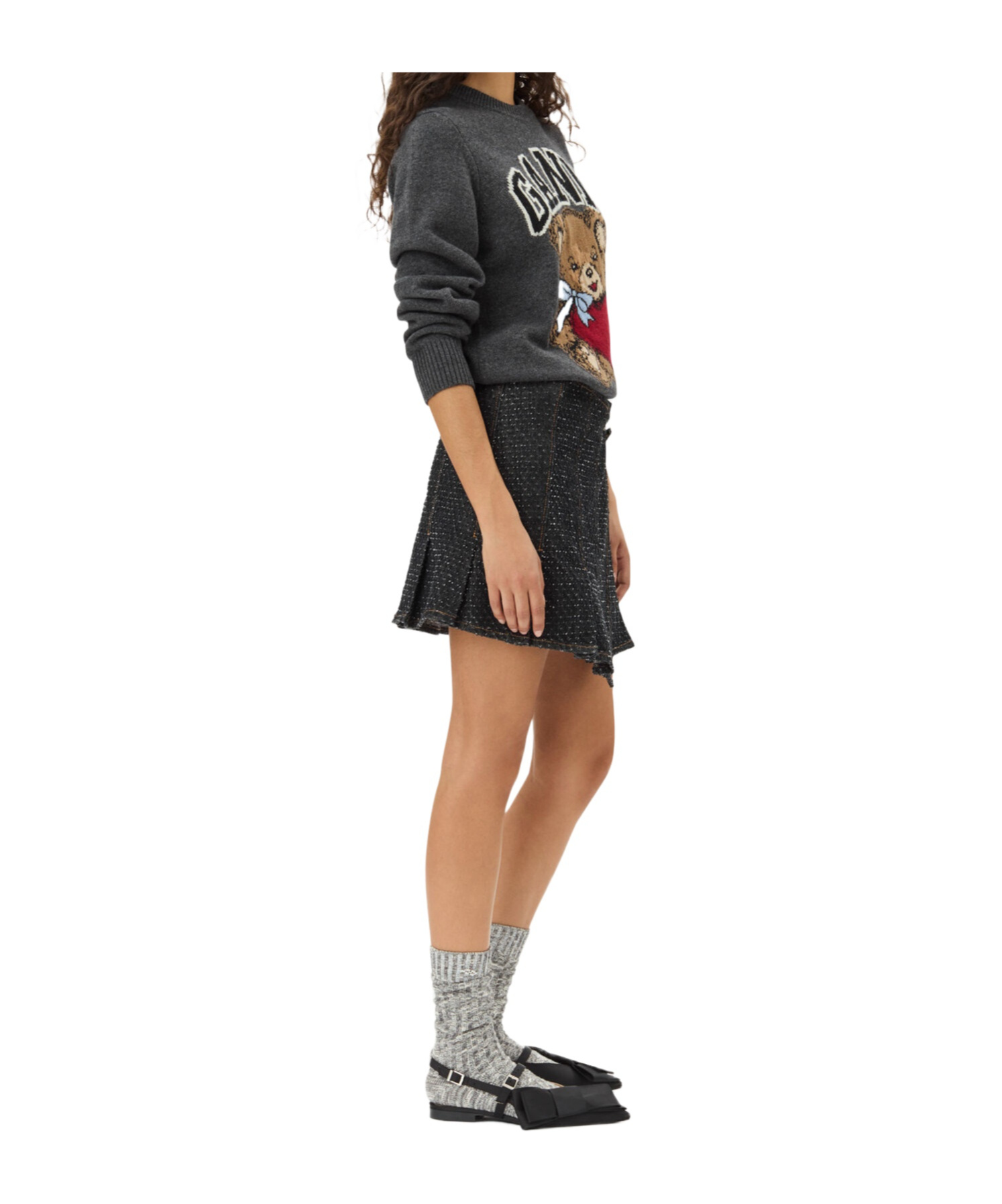 Ganni Wool Graphic Bear Crewneck Sweater In Black