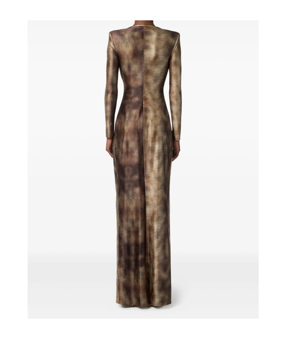 Elisabetta Franchi Draped Metallic Knee Length Dress With Sleeves In Brown