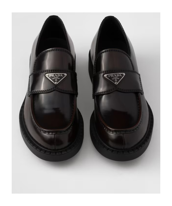 Prada Triangle Logo Chocolate Brushed Leather Loafers In Ochre