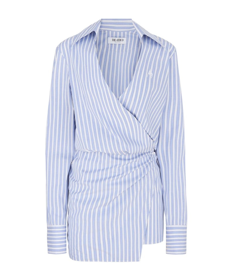 Attico Mini Striped Dress With V-neck, Long Sleeves, White And Navy Blue Cotton, Tied Waist In Blue