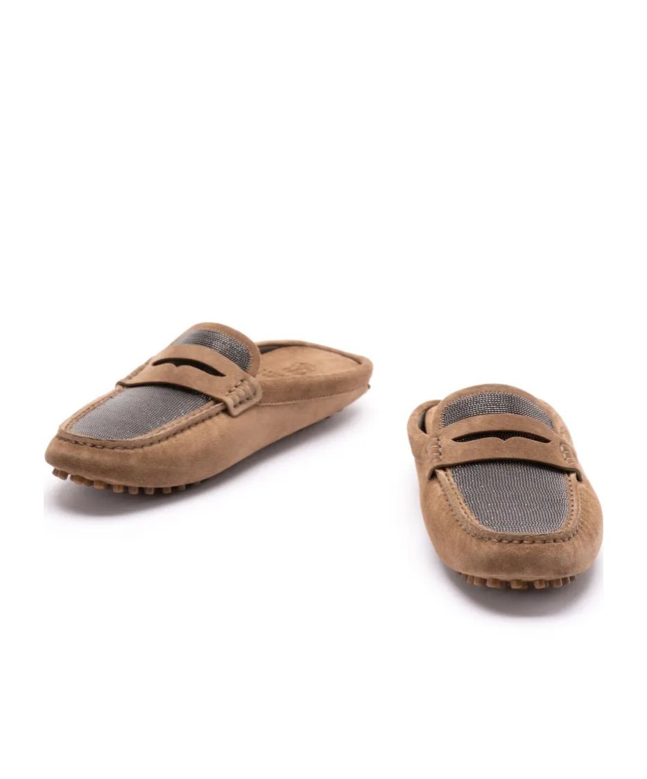 Brunello Cucinelli Suede Tapered Moccasins With Rubber Stud Sole In Brown