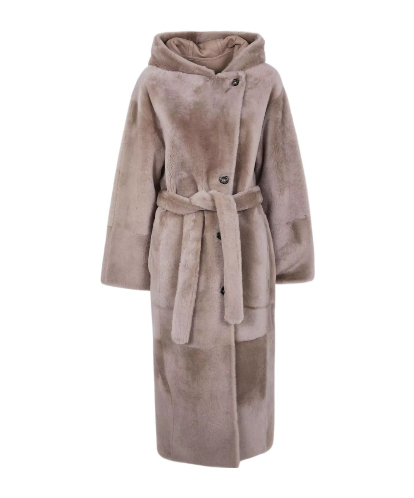 Yves Salomon Hooded Belted Lamb-fur Coat In Brown