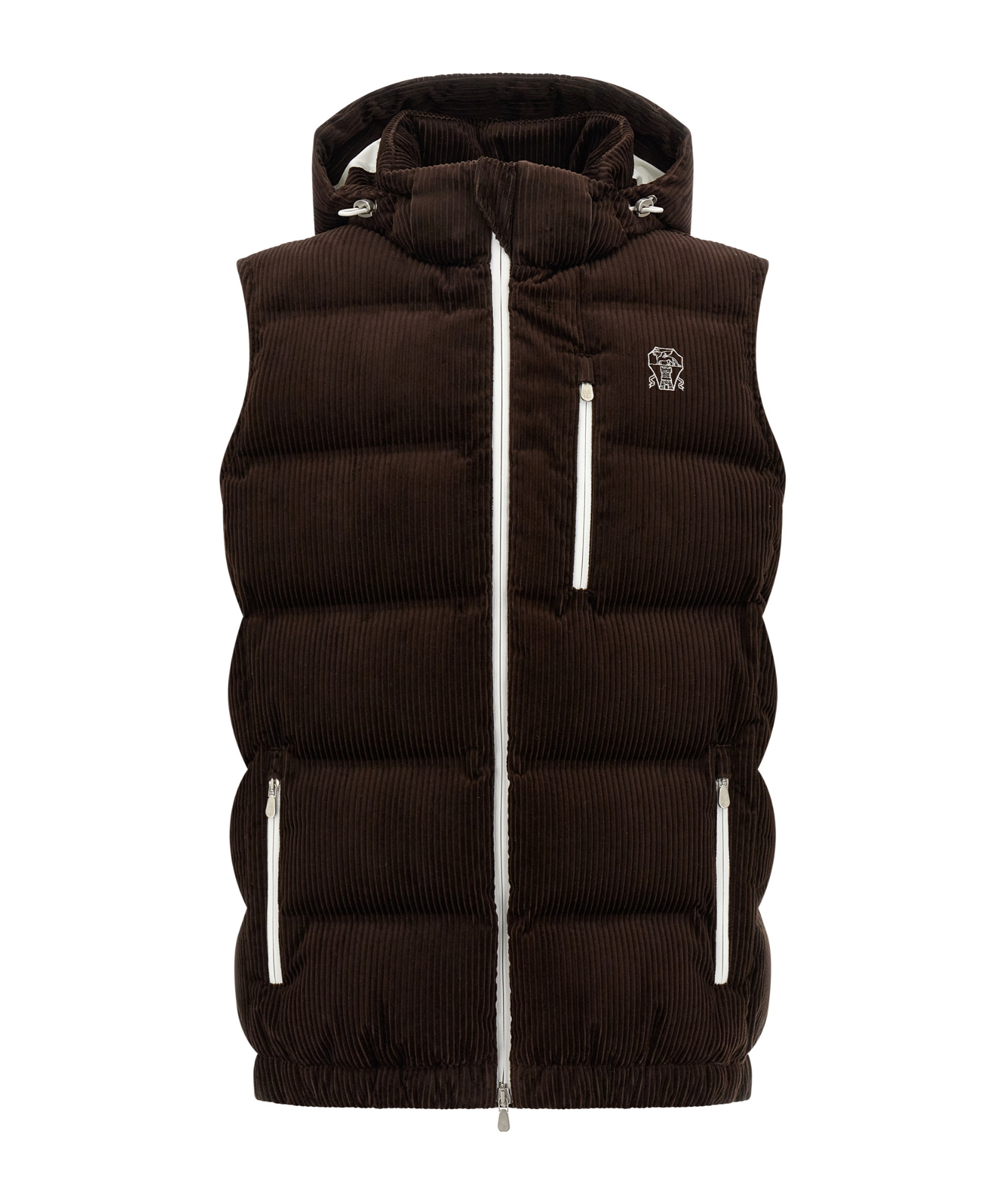 Brunello Cucinelli Velvet Padded Hooded Sleeveless Gilet In Brown