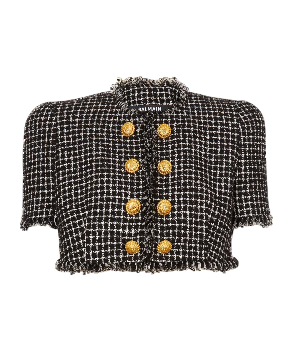 Balmain Cropped Embellished Cotton-blend Tweed Jacket In Black