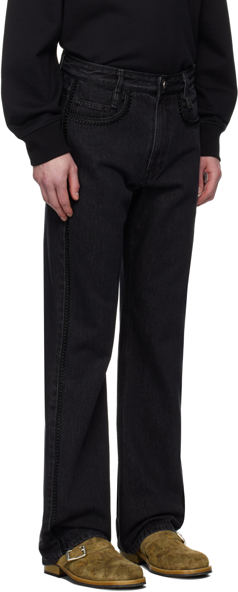 Wooyoungmi Black Crochet Straight Jeans In Black