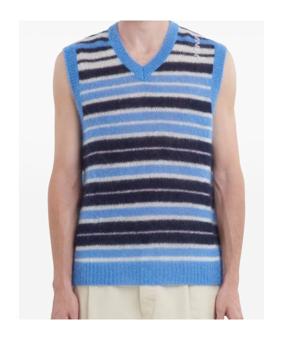 Marni Mens Striped-print V-neck Relaxed-fit Wool-blend Vest Blue Lilac In Blue