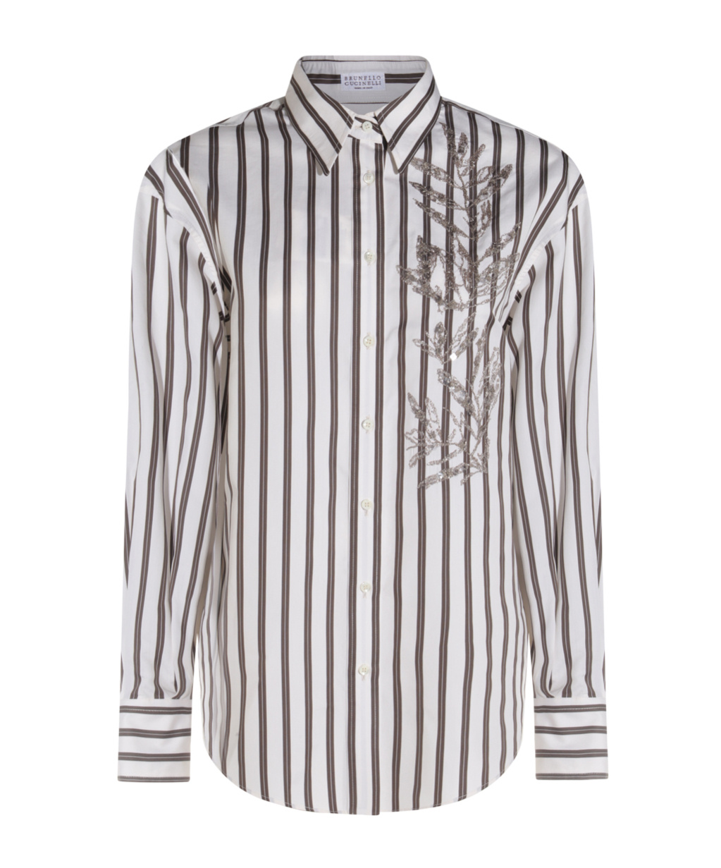 Brunello Cucinelli White Shirt With Floral Embroidery On The Front And All-over Striped Motif In White
