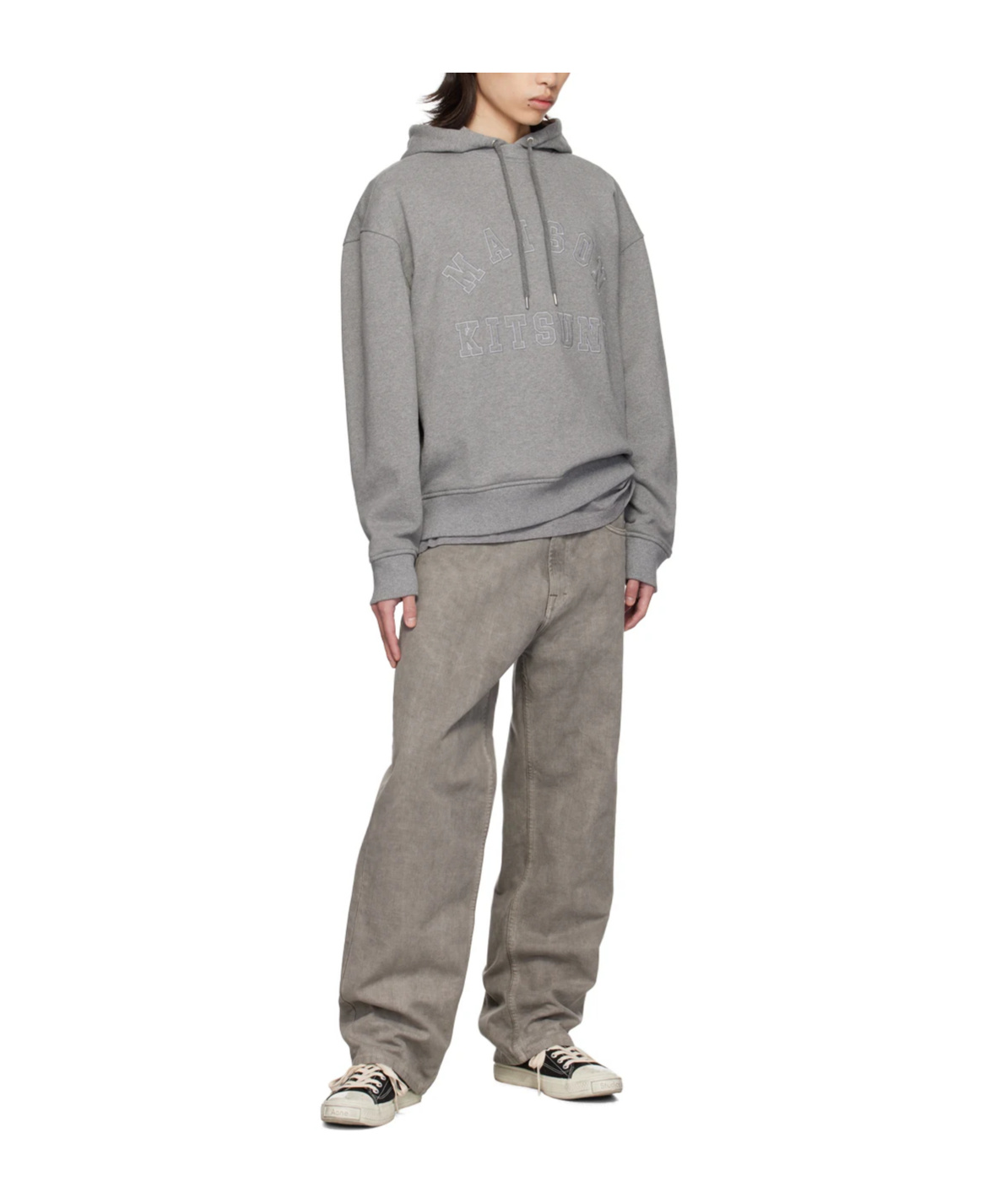 Shop Maison Kitsuné Logo Patch Drawstring Hoodie In Gray