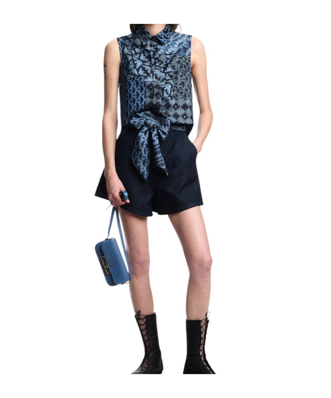 Emporio Armani J77 High-rise Denim Shorts With A Printed Sash In Blue