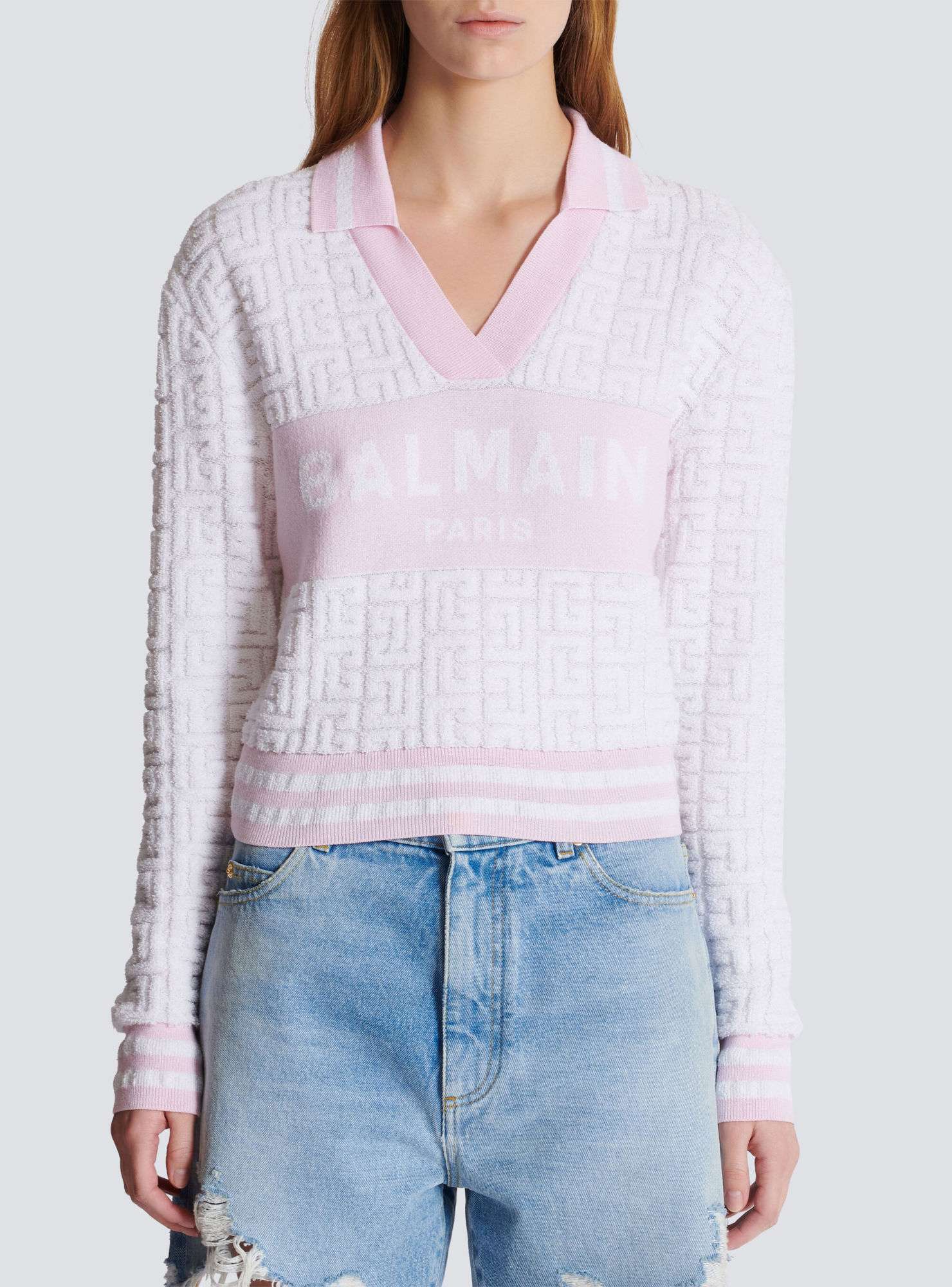 Balmain Pb Monogram-jacquard Polo Shirt In White