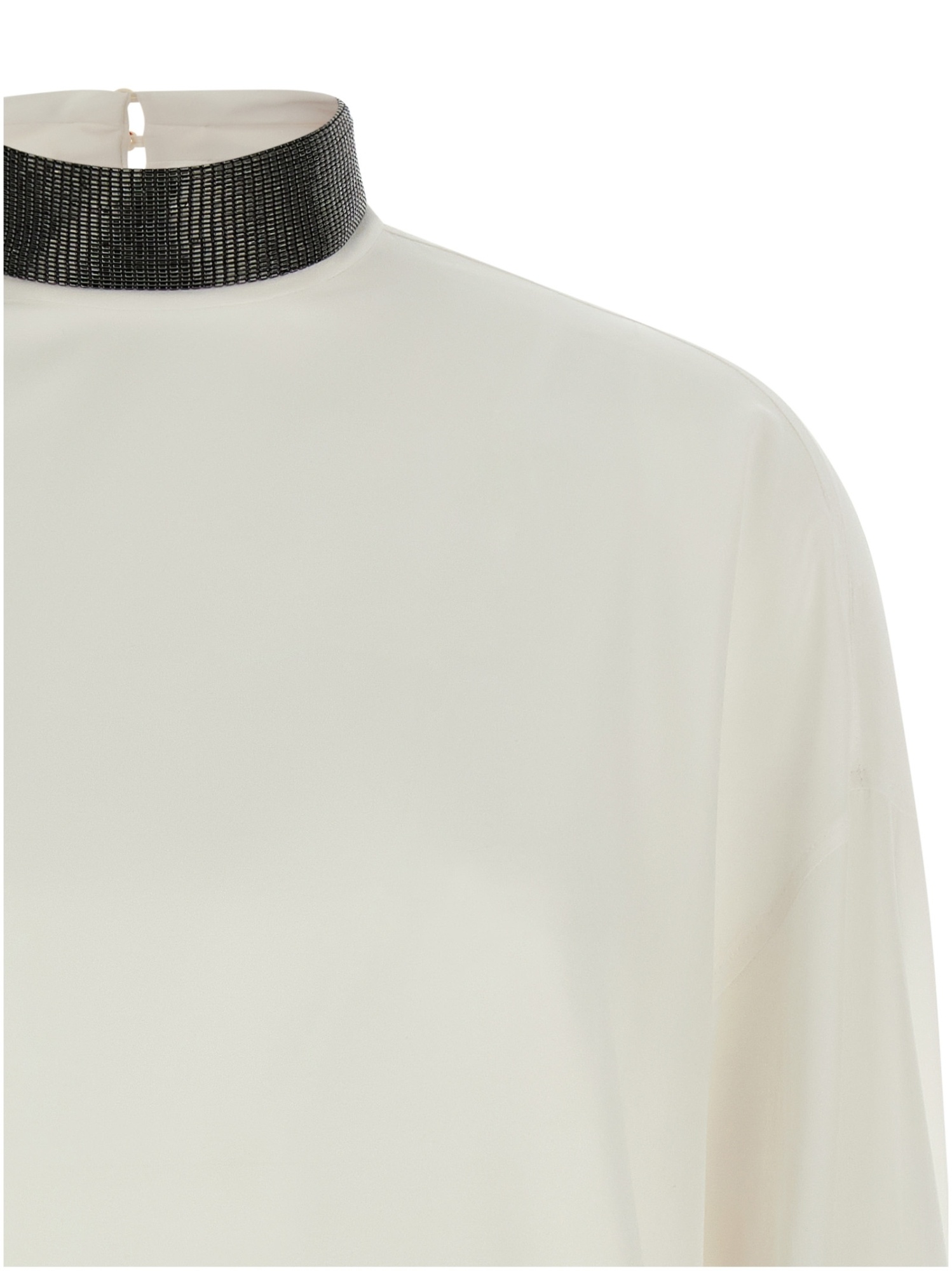 Brunello Cucinelli Silk Blouse With High Collar And Keyhole Back In Neutral
